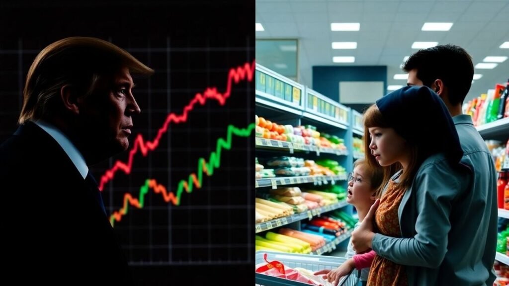 Trump silhouette, family at grocery store, rising prices.